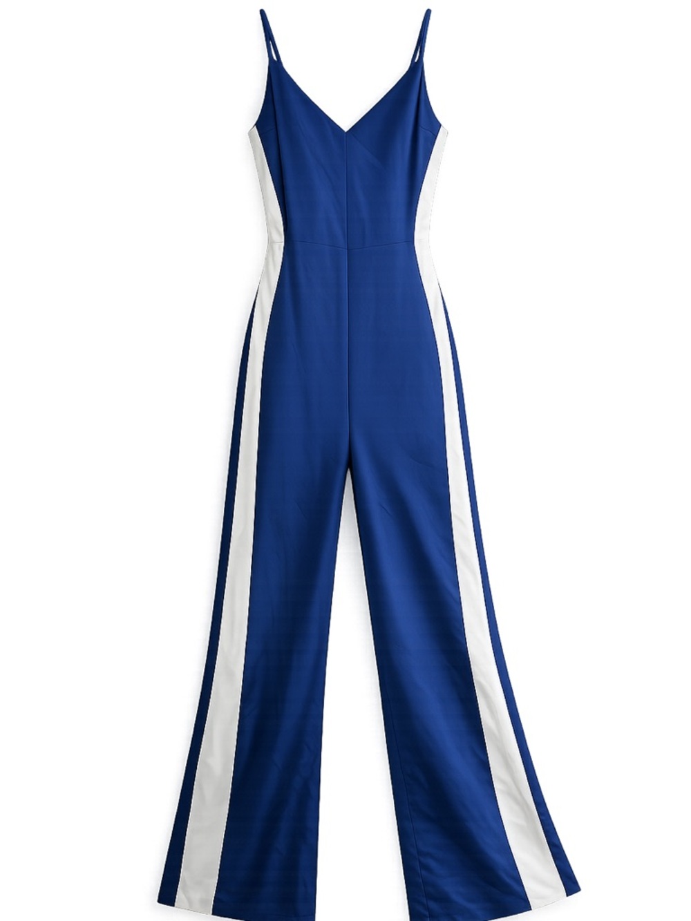 Blue and White Wide-Leg Jumpsuit with Striped Side Panels. Satin. New. Large